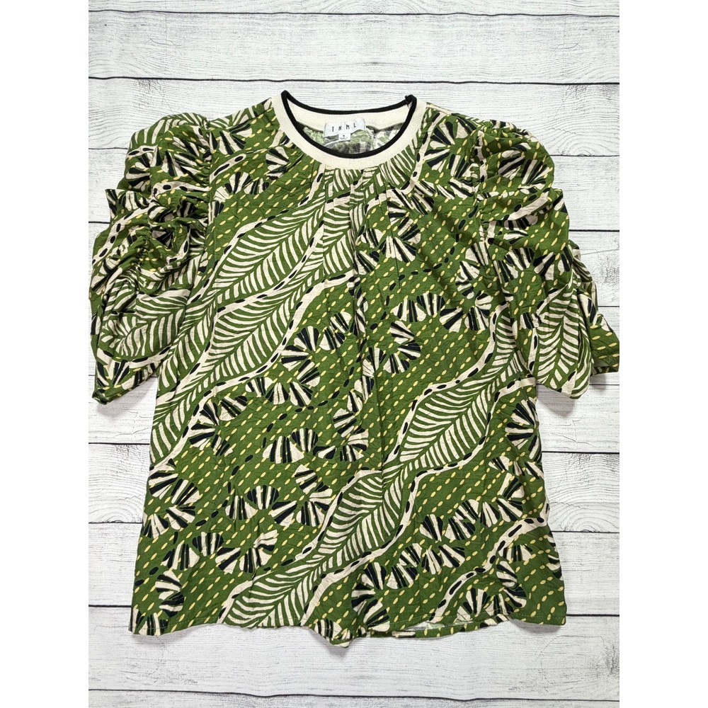 THML Green Print Puff Sleeve Top Rayon Small Casual Brunch Preppy Chic